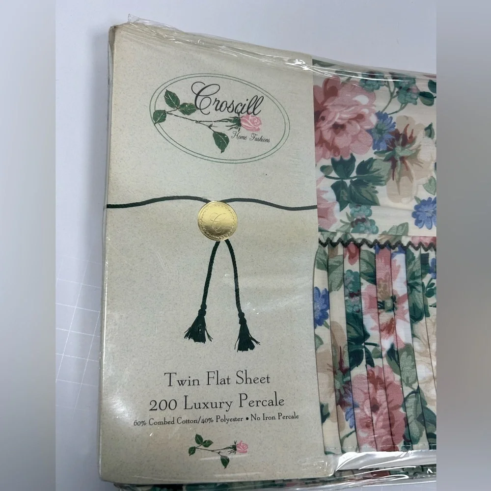 Vintage CROSCILL Floral Twin Flat & Fitted Sheet Ruffle Set 200 Luxury Percale